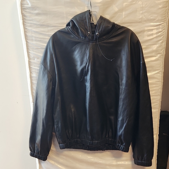 Black Genuine Leather Womens Hooded Bombers Pullover Jacket XL